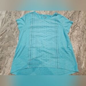 Chico’s Size 2 Aqua Eyelet Embroidered Front Top Short Sleeve Cotton Modal